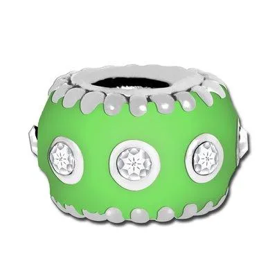 12mm Lime Enamel with Clear Crystals Large Hole Bead - Rhodium Plated (2 Pieces)