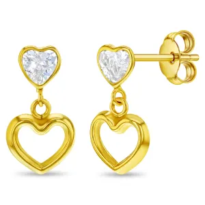 14k Gold Heart to Heart CZ Dangle Kids / Teen Earrings