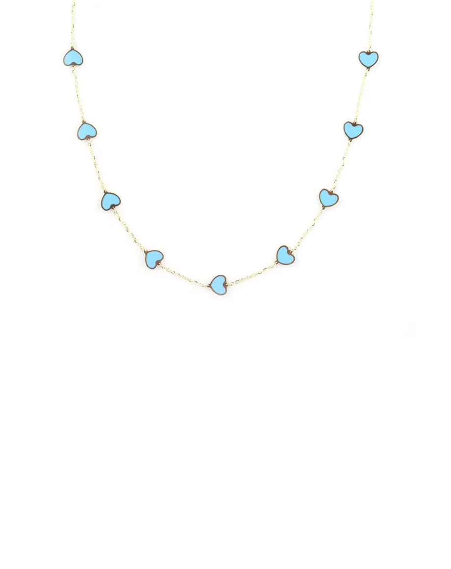 14K Gold Turquoise Inlay Heart Station Necklace