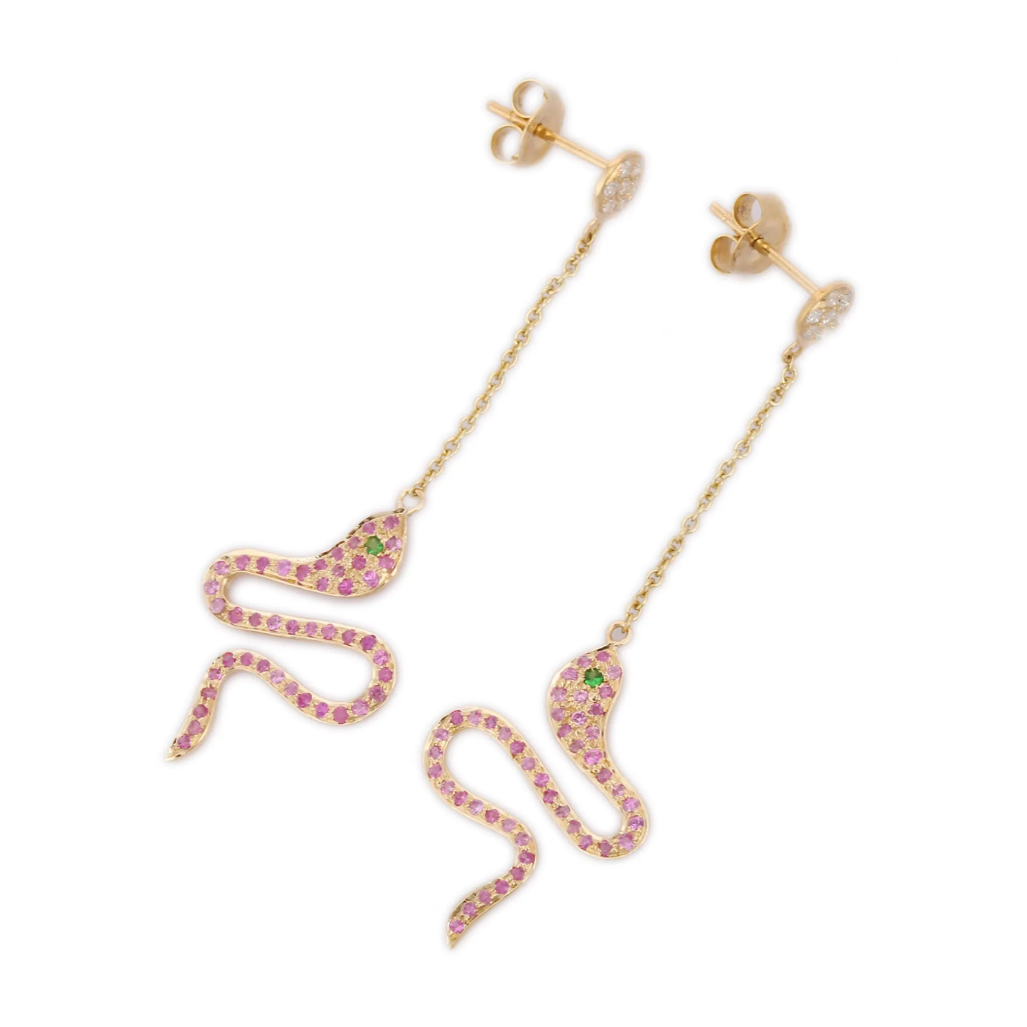 14K Yellow Gold Pink Sapphire Snake Dangle Earrings