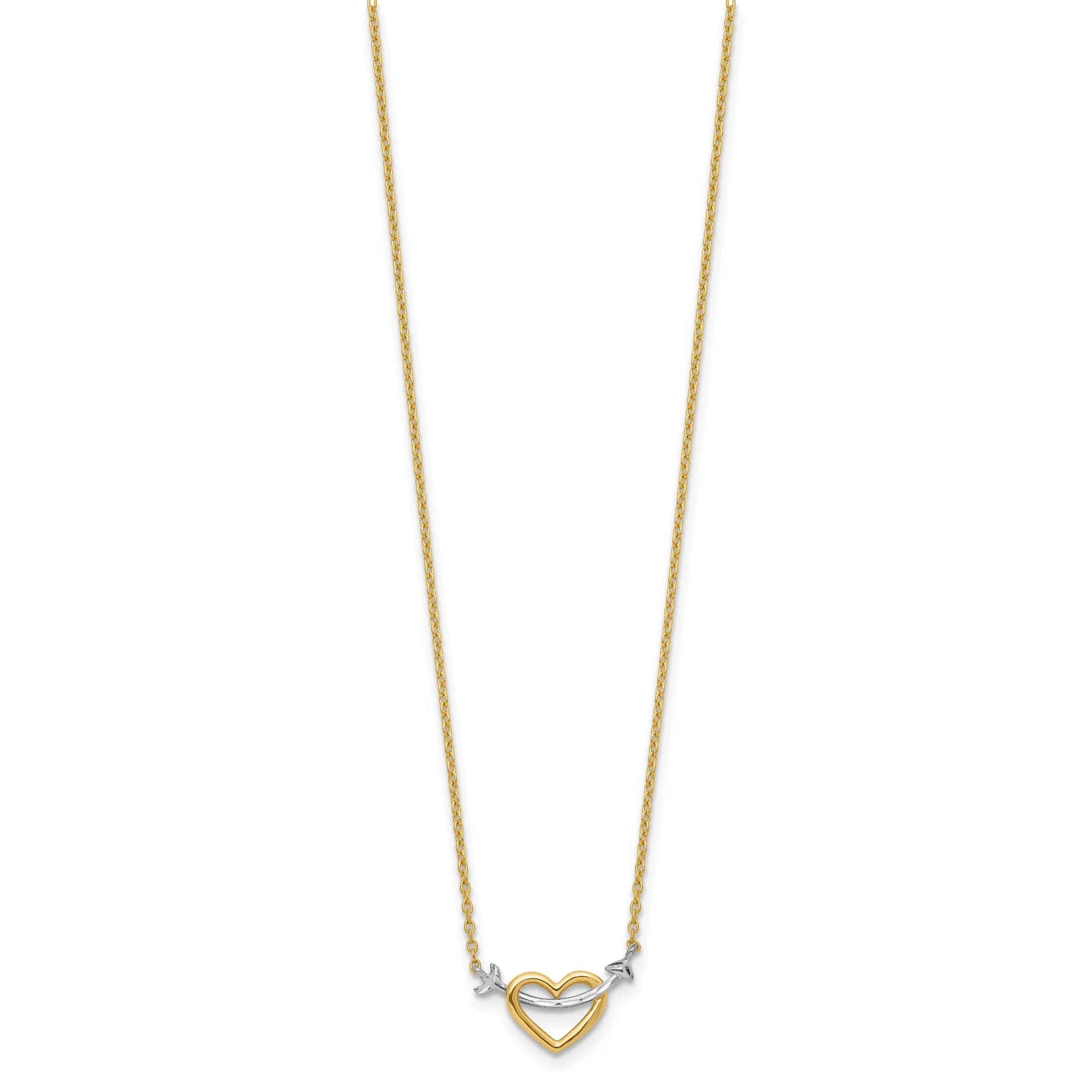 14k Yellow Gold, White Rhodium Polished D.C Finish Arrow in Heart Design Pendant in a 17-Inch Necklace Set