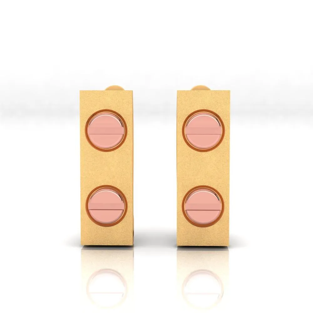 18k Rectangle Shaped Gold Earrings With Two Yellow Gold Coloured Dots