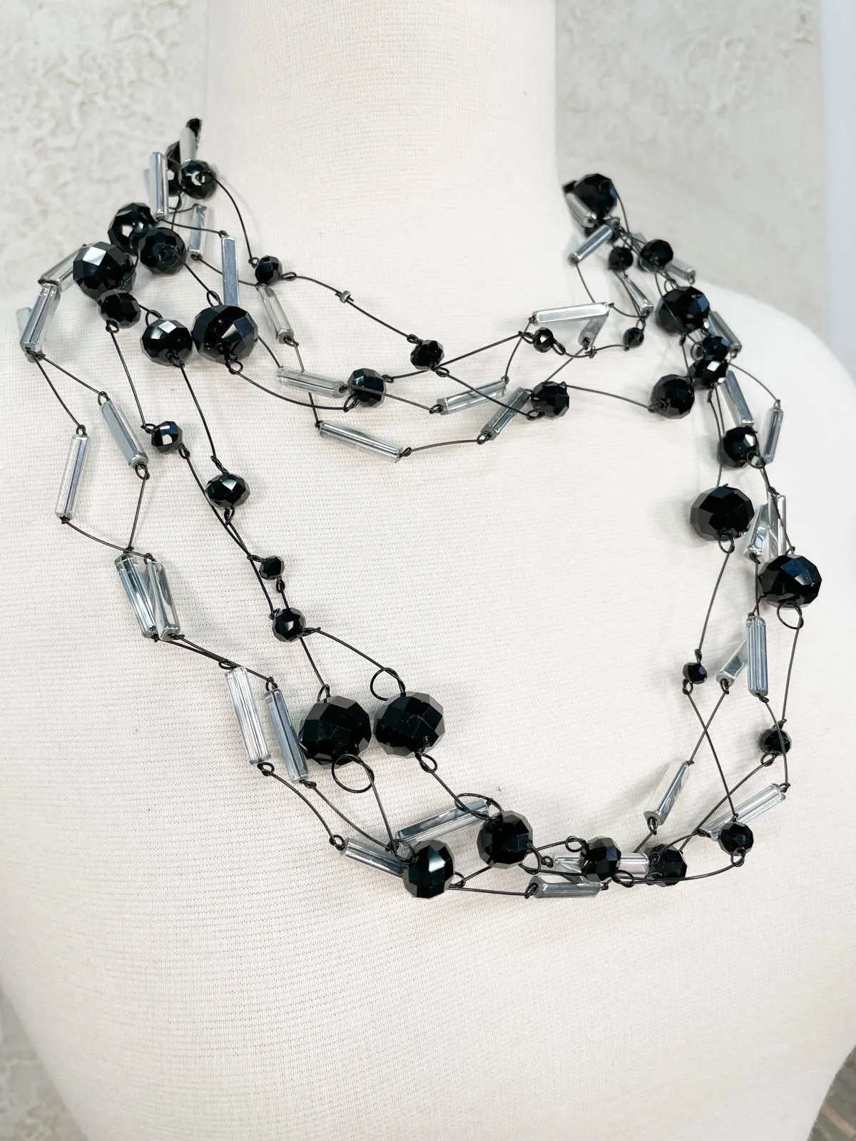 4 Strand Crystal Beads & Tubes Necklace, Black/Silver