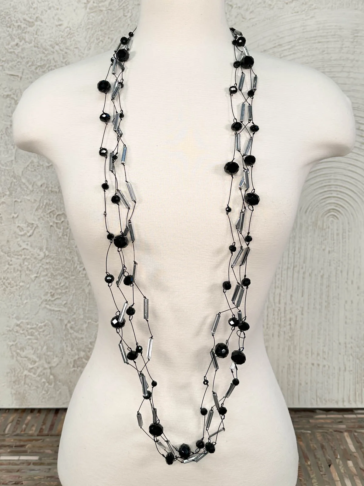 4 Strand Crystal Beads & Tubes Necklace, Black/Silver