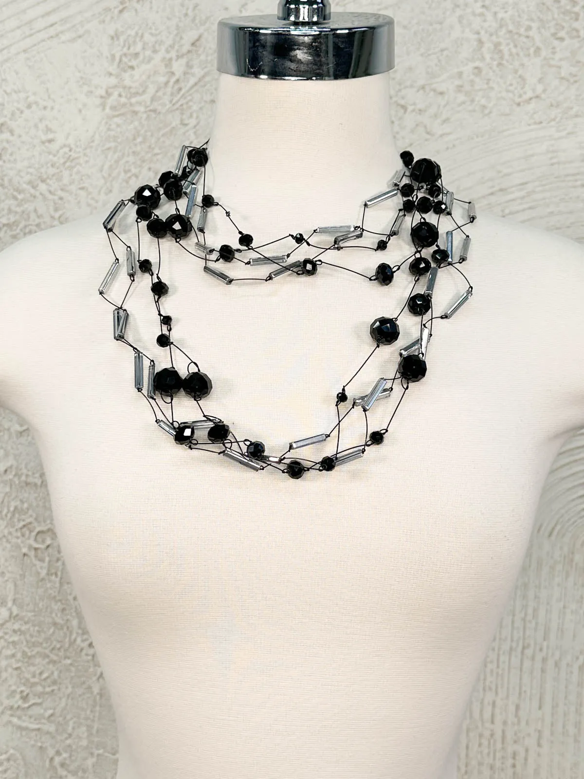 4 Strand Crystal Beads & Tubes Necklace, Black/Silver