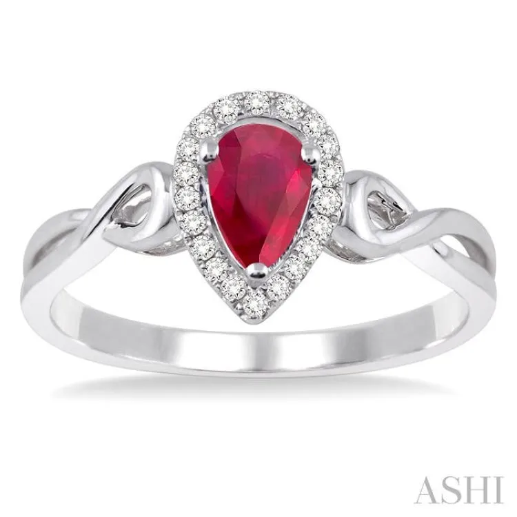 6x4 MM Pear Shape Ruby and 1/10 Ctw Round Cut Diamond Ring in 14K White Gold