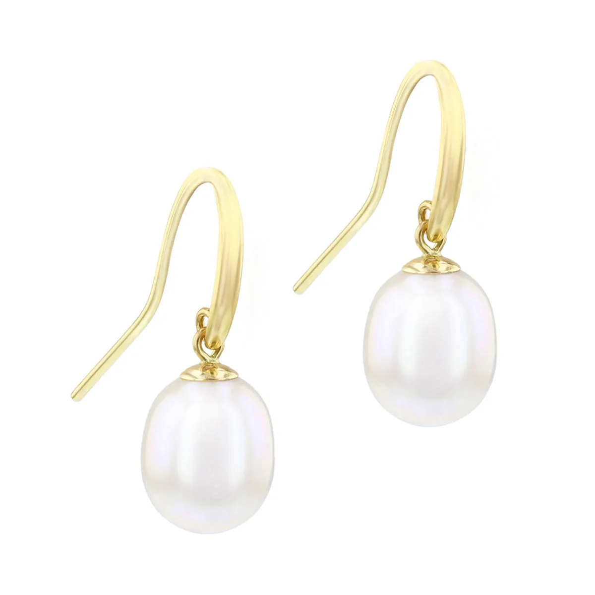 9-10mm White Teardrop Cultured River Pearl Drop Earrings With Shepherds Crook | 9K Yellow Gold