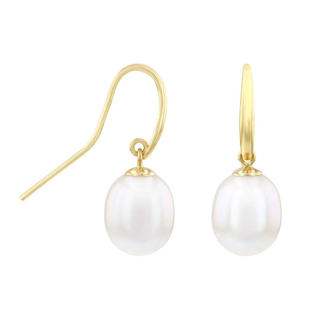 9-10mm White Teardrop Cultured River Pearl Drop Earrings With Shepherds Crook | 9K Yellow Gold