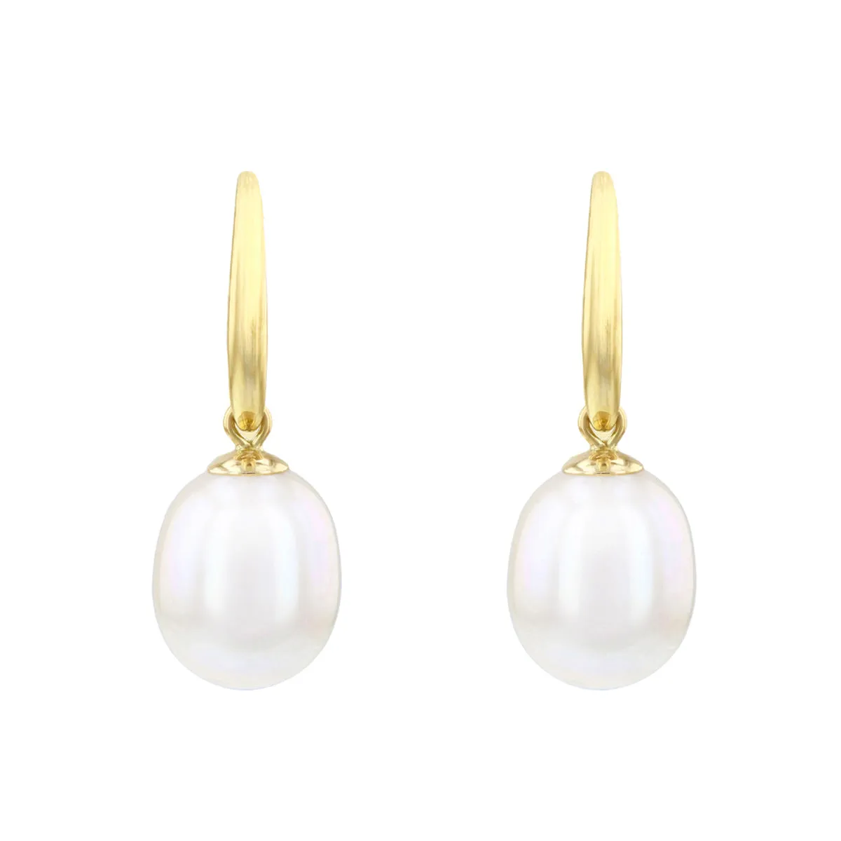 9-10mm White Teardrop Cultured River Pearl Drop Earrings With Shepherds Crook | 9K Yellow Gold