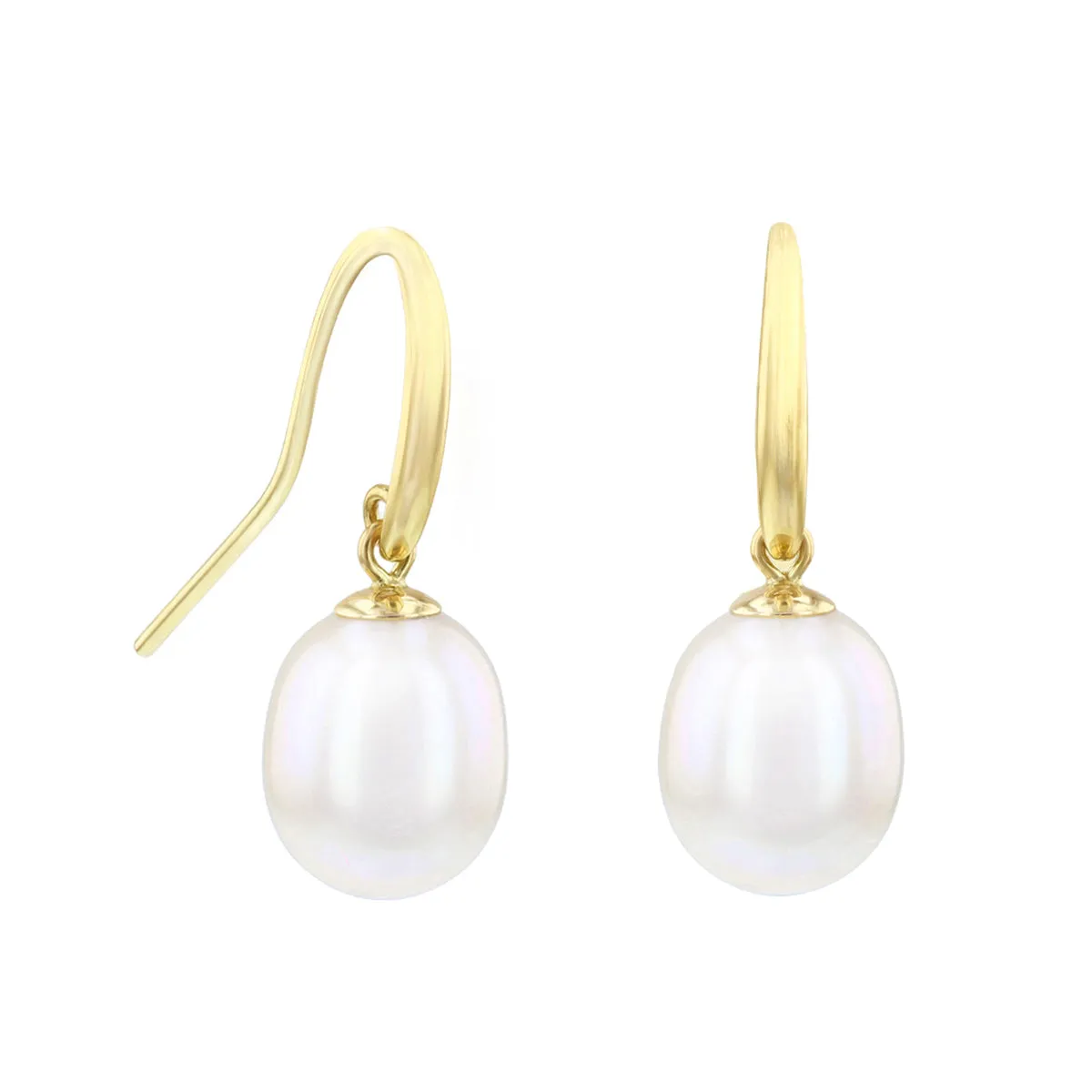 9-10mm White Teardrop Cultured River Pearl Drop Earrings With Shepherds Crook | 9K Yellow Gold