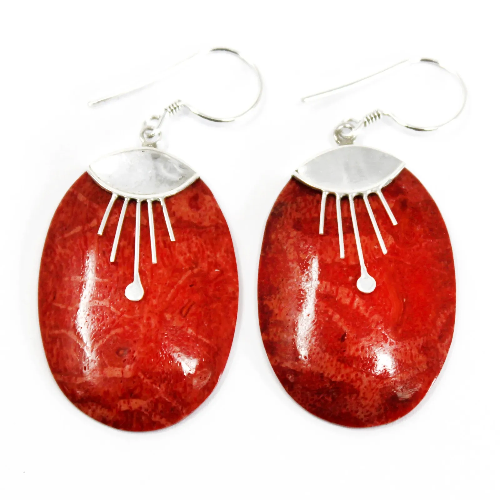 925 Silver Earrings - Hand-Made Oval Décor with Coral from Bali