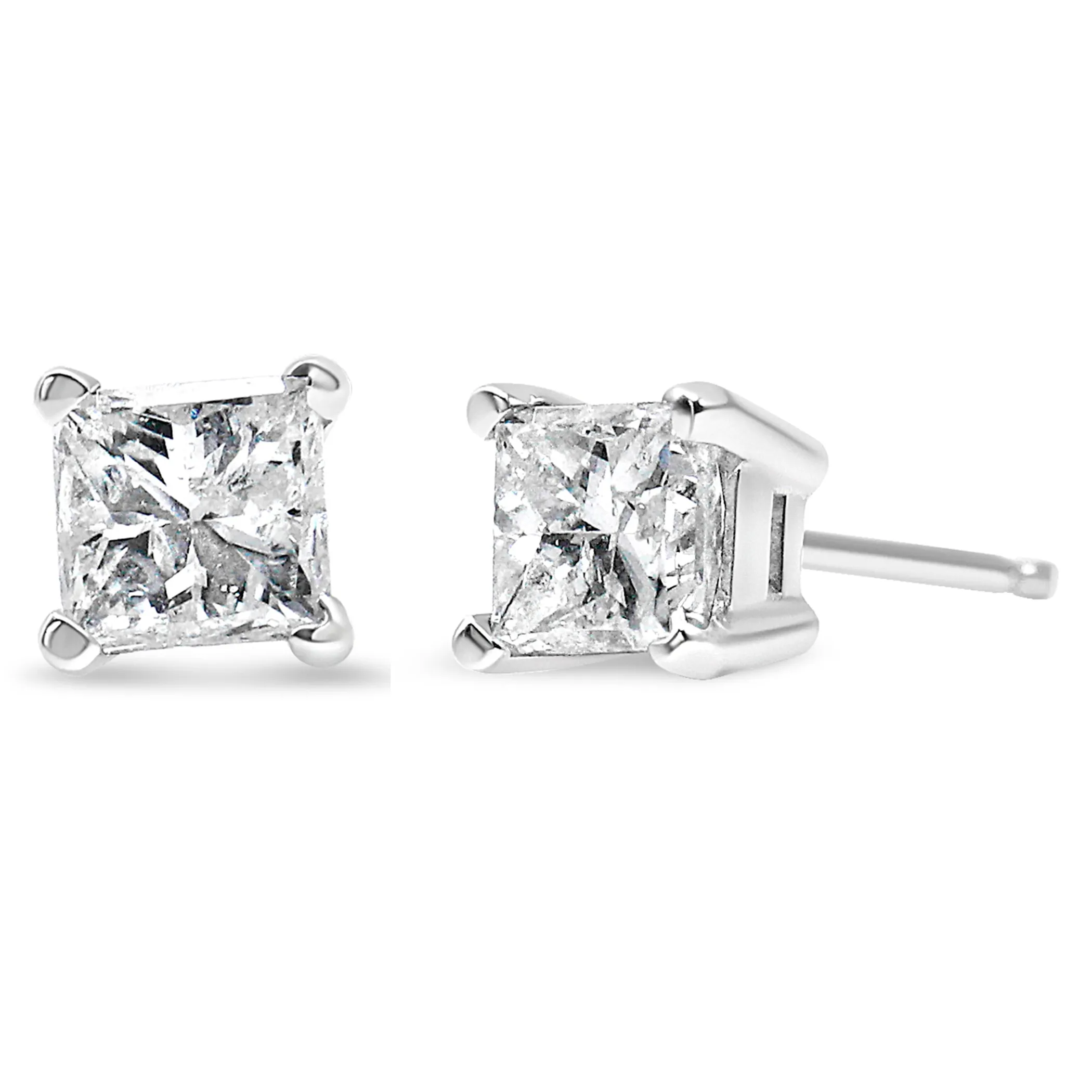 AGS Certified Princess-Cut Square Colorless Diamond 4-Prong Solitaire Stud Earrings in 14K Gold (K-L Color, SI2-I1 Clarity)