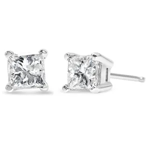 AGS Certified Princess-Cut Square Colorless Diamond 4-Prong Solitaire Stud Earrings in 14K Gold (K-L Color, SI2-I1 Clarity)