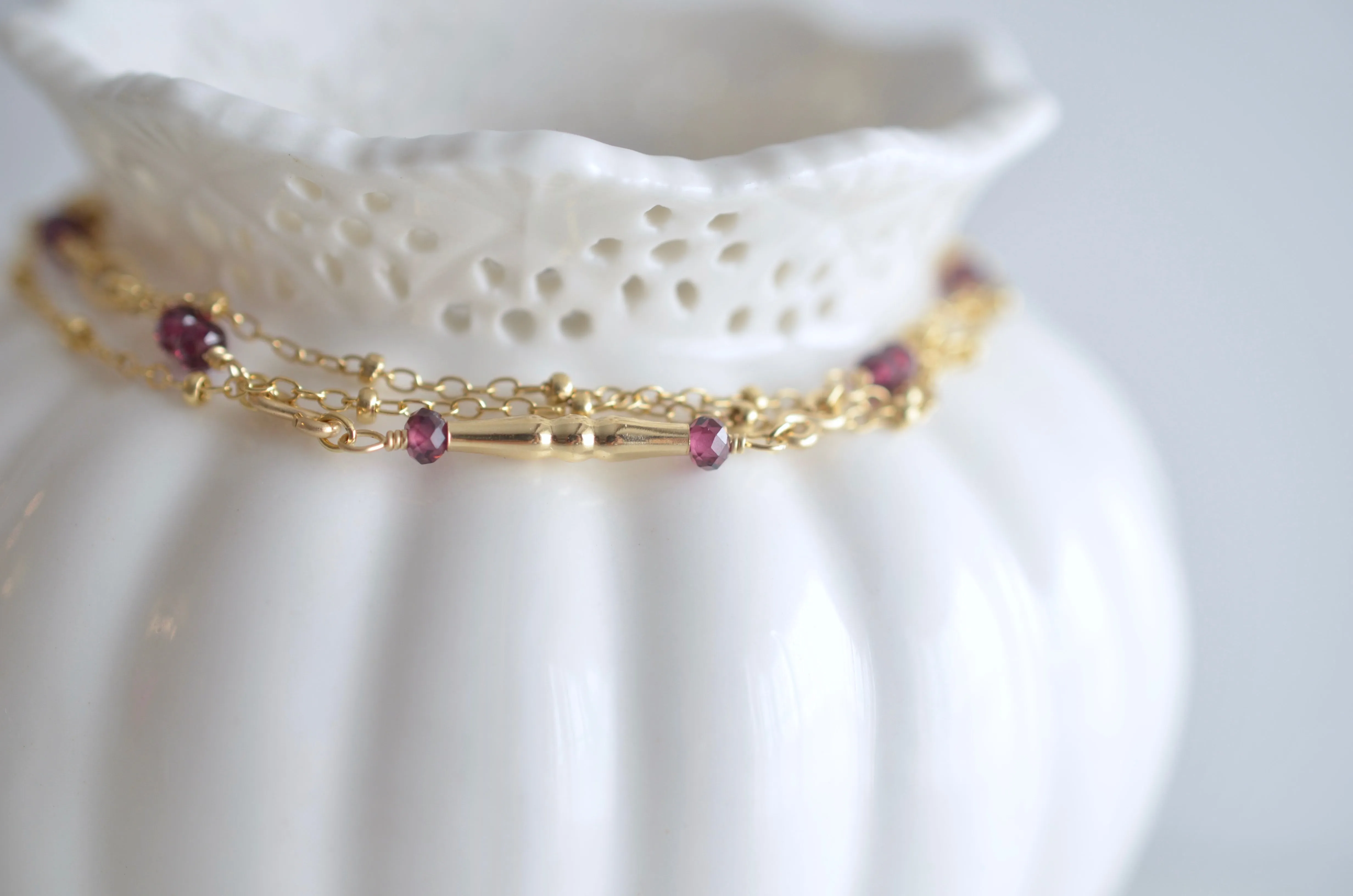 Amalia - Rhodolite Garnet, 14k Gold Filled, Three Strand Bracelet