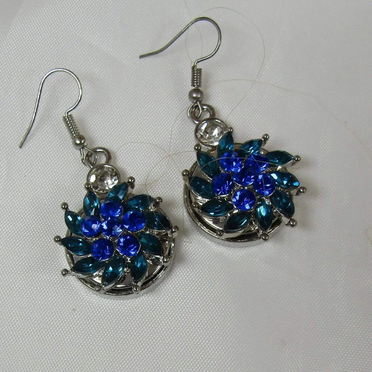 Aqua & Blue Crystal Flower & Silver Drop Earrings