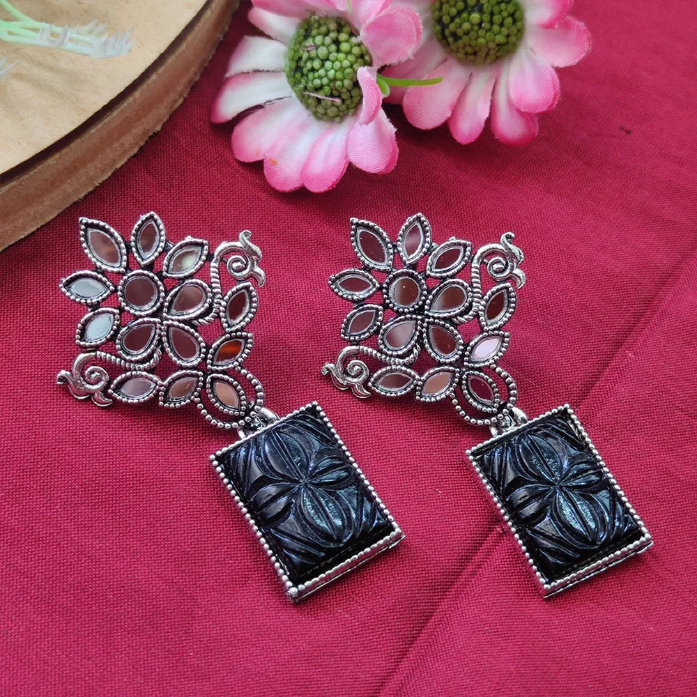 Bhavi Jewels Mirror Oxidised Black Craved Stone Dangler Earring