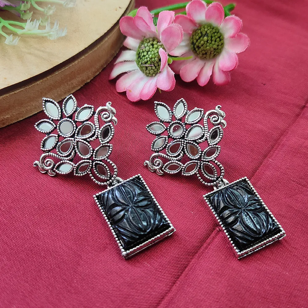 Bhavi Jewels Mirror Oxidised Black Craved Stone Dangler Earring