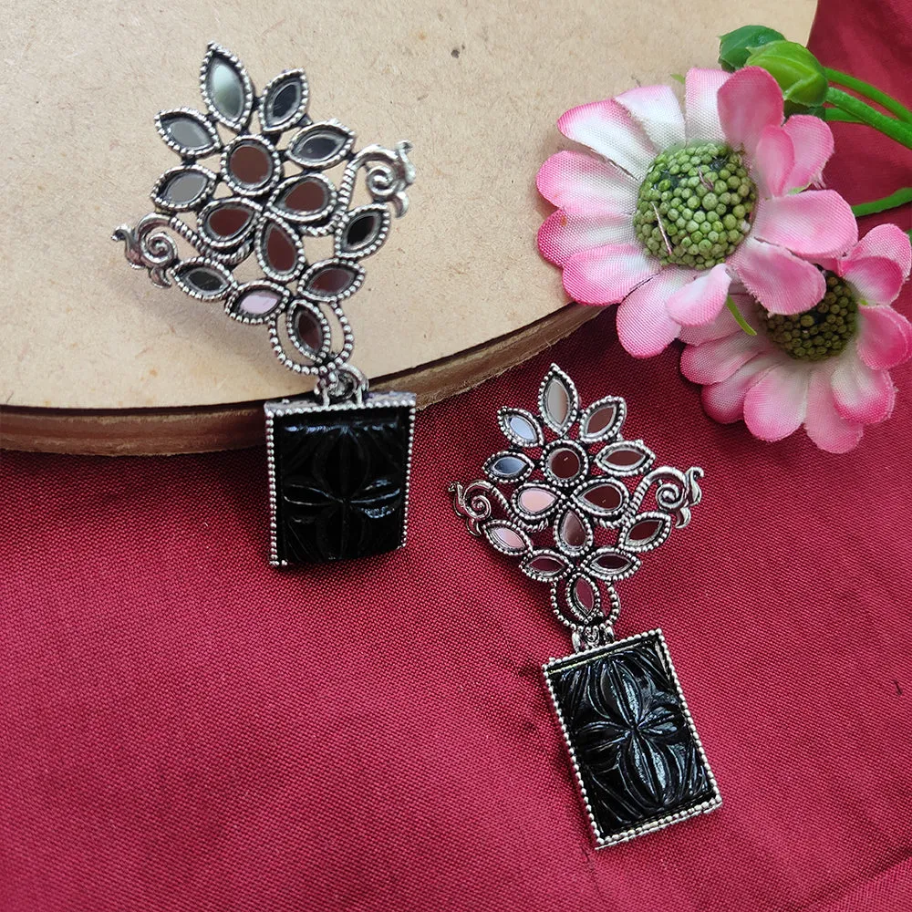 Bhavi Jewels Mirror Oxidised Black Craved Stone Dangler Earring