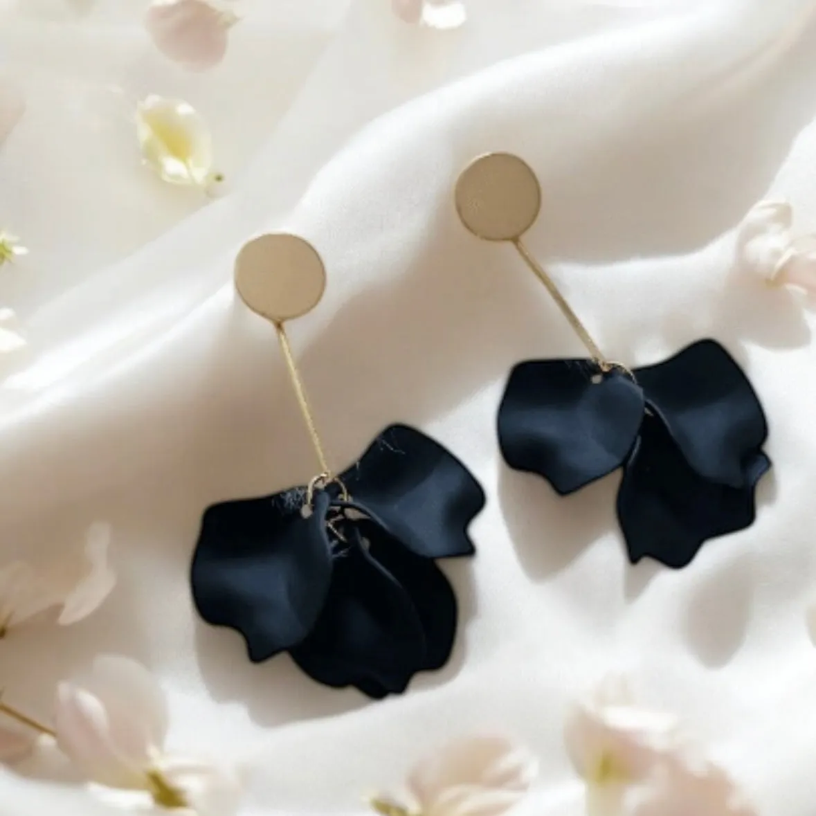 Black - flowers earrings | frosted petals hoop earrings | statement earrings | golden crumpled geometric floral bridal earrings