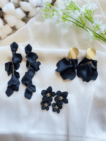 Black - flowers earrings | frosted petals hoop earrings | statement earrings | golden crumpled geometric floral bridal earrings