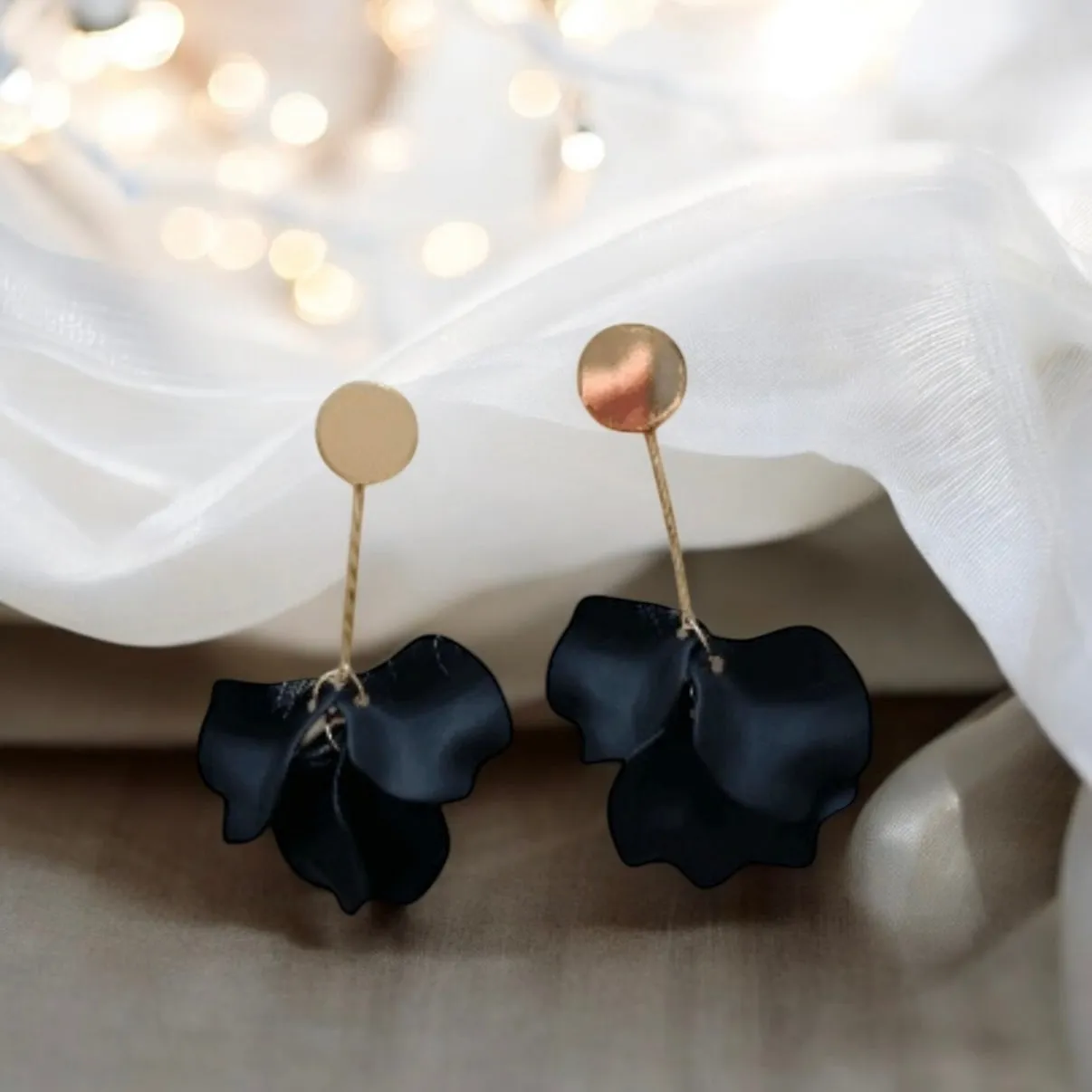 Black - flowers earrings | frosted petals hoop earrings | statement earrings | golden crumpled geometric floral bridal earrings