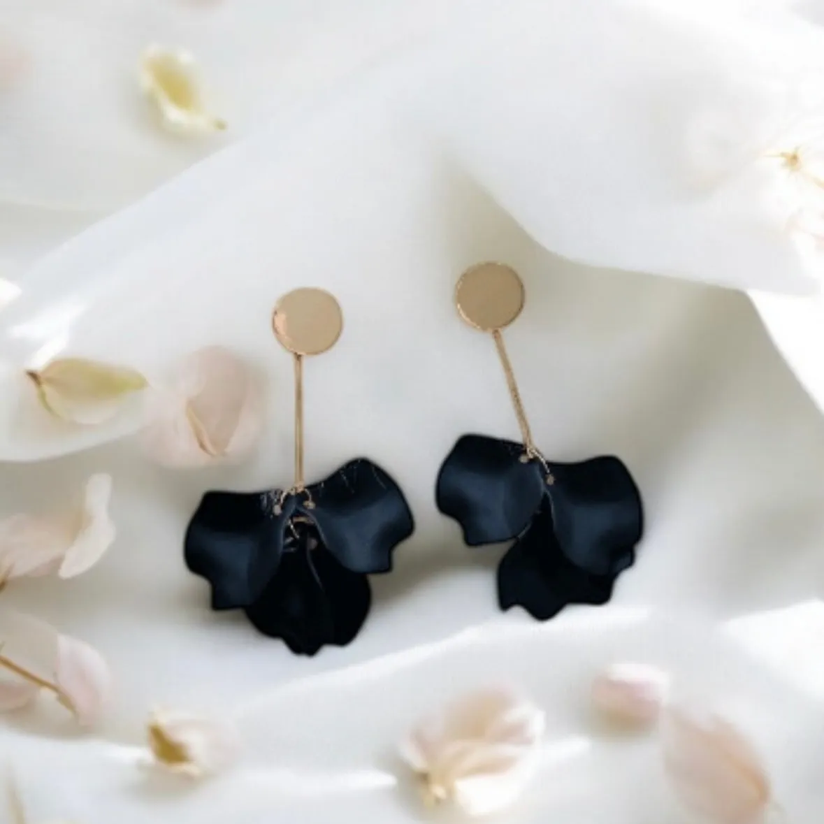 Black - flowers earrings | frosted petals hoop earrings | statement earrings | golden crumpled geometric floral bridal earrings