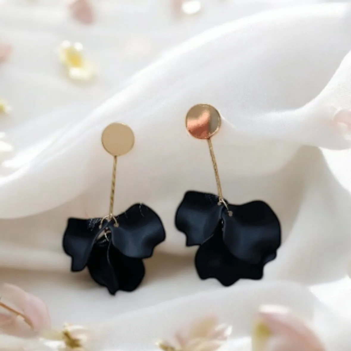 Black - flowers earrings | frosted petals hoop earrings | statement earrings | golden crumpled geometric floral bridal earrings