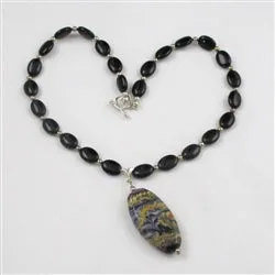 Black Onyx Bead Necklace with Handmade Glass Pendant