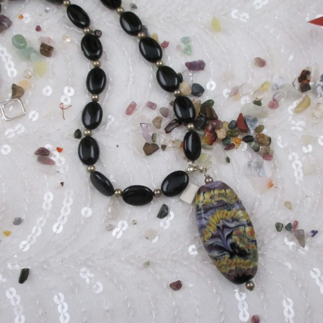 Black Onyx Bead Necklace with Handmade Glass Pendant