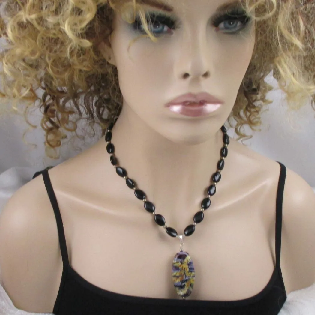 Black Onyx Bead Necklace with Handmade Glass Pendant