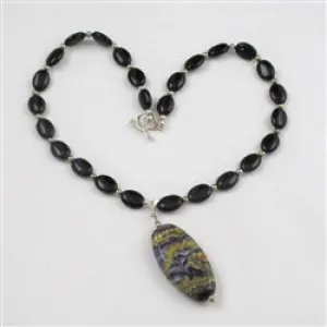 Black Onyx Bead Necklace with Handmade Glass Pendant