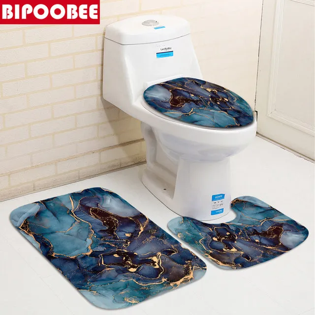 Blue Abstract Crack Marble Design Shower Curtain Accessory Set