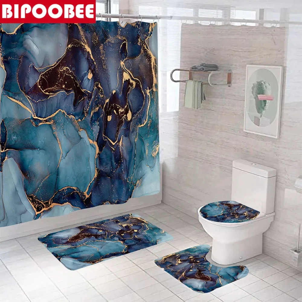 Blue Abstract Crack Marble Design Shower Curtain Accessory Set