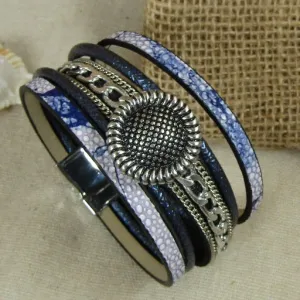 Blue & Silver Cuff Leather Bracelet