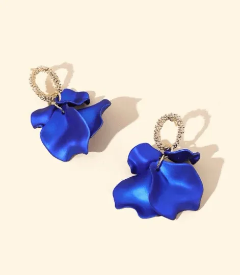 Blue - Royal blue iridescent flower earrings | roses petals baroque earrings | unique golden bar floral earrings | bridal party wedding earrings