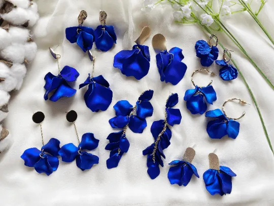 Blue - Royal blue iridescent flower earrings | roses petals baroque earrings | unique golden bar floral earrings | bridal party wedding earrings