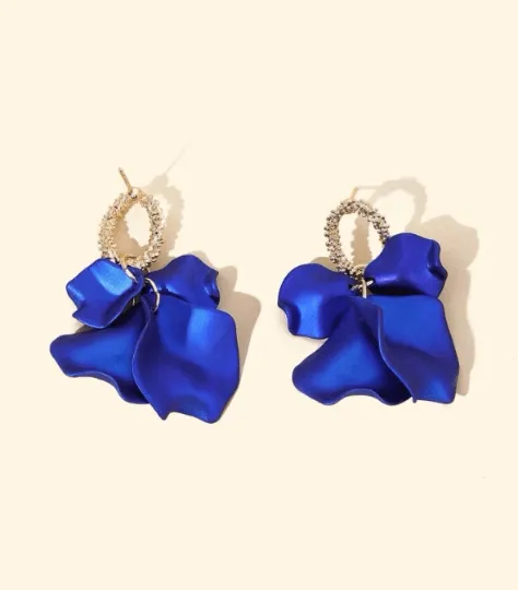 Blue - Royal blue iridescent flower earrings | roses petals baroque earrings | unique golden bar floral earrings | bridal party wedding earrings