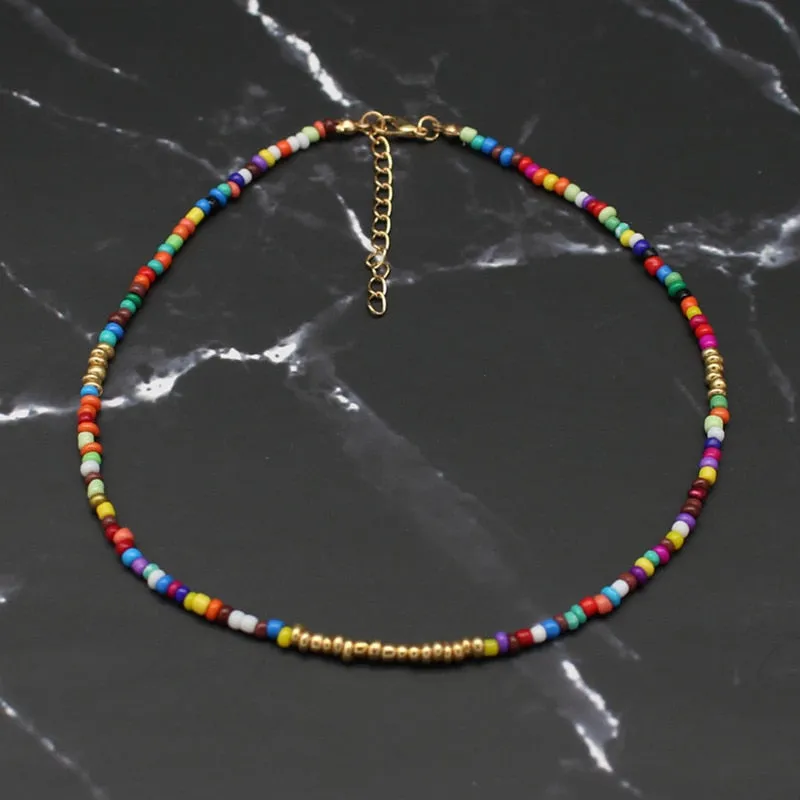 Bohemia Handmade Rainbow Seed Beads Simple Choker Necklace Women&#39;s Fashion Wild Sweet Colorful Collar Jewelry Gift