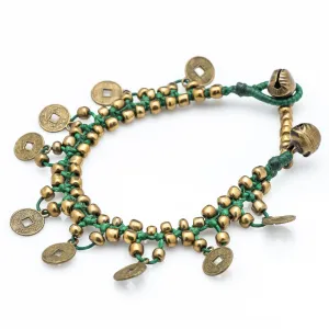 Brass Beads Bracelet with Brass Coins in Green