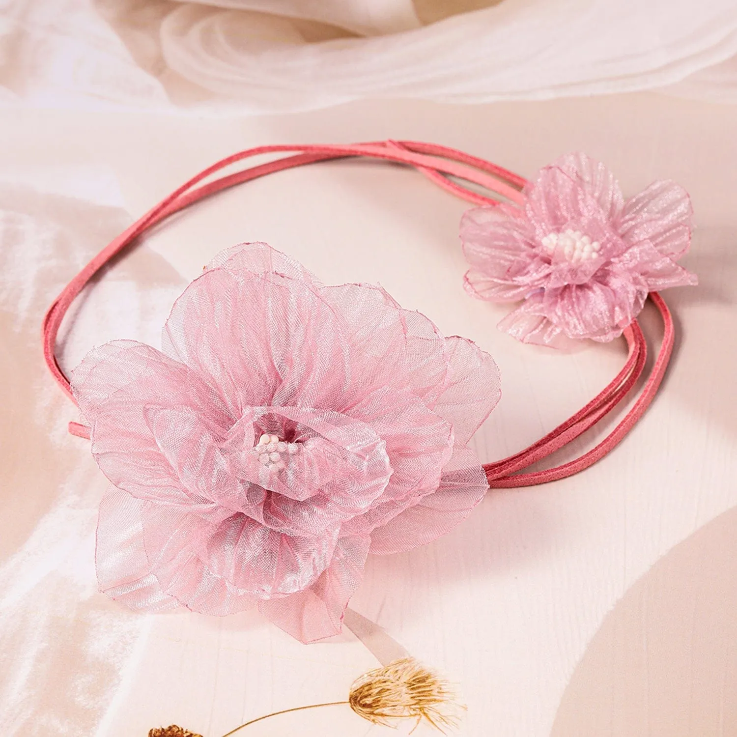 Charming Double Pink Floral Choker with Soft Rope Detailing - Stylish Statement Jewelry