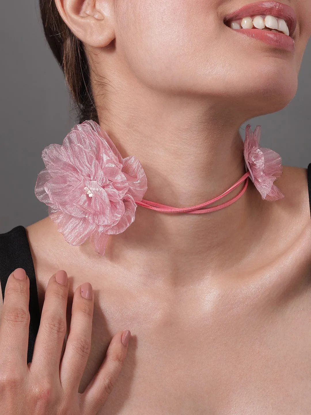 Charming Double Pink Floral Choker with Soft Rope Detailing - Stylish Statement Jewelry