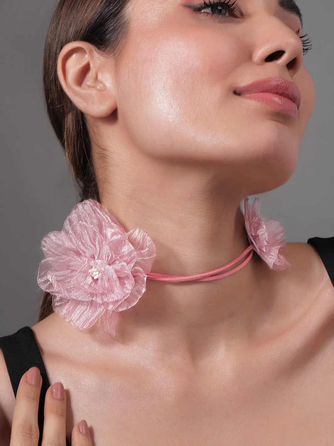 Charming Double Pink Floral Choker with Soft Rope Detailing - Stylish Statement Jewelry