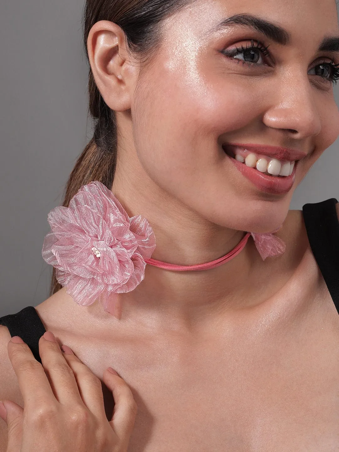 Charming Double Pink Floral Choker with Soft Rope Detailing - Stylish Statement Jewelry