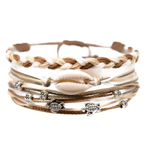 Charming Shark Cowrie Shell with Turtle Gems Stack Bracelet