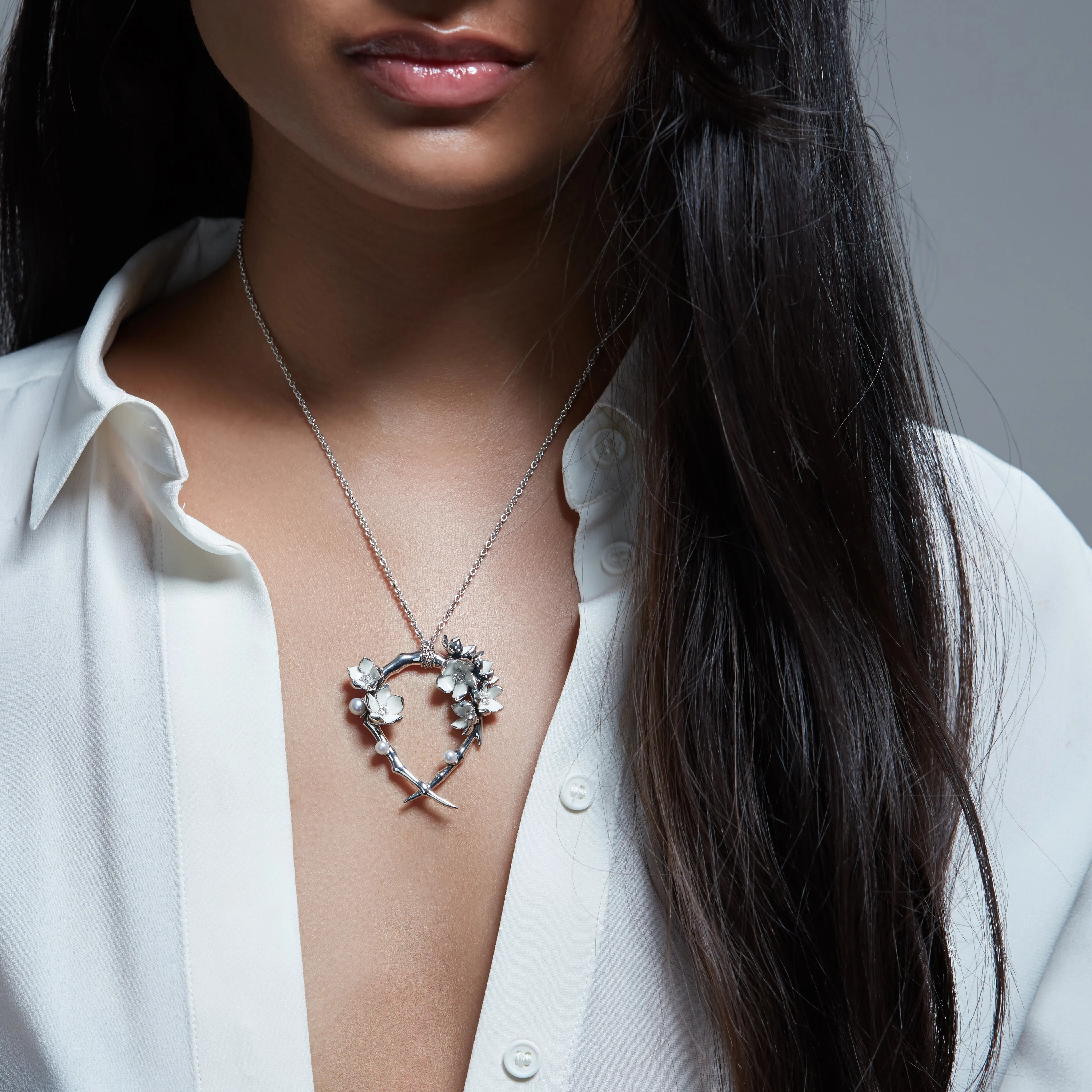 Cherry Blossom Hoop Pendant - Silver, Diamond & Pearl