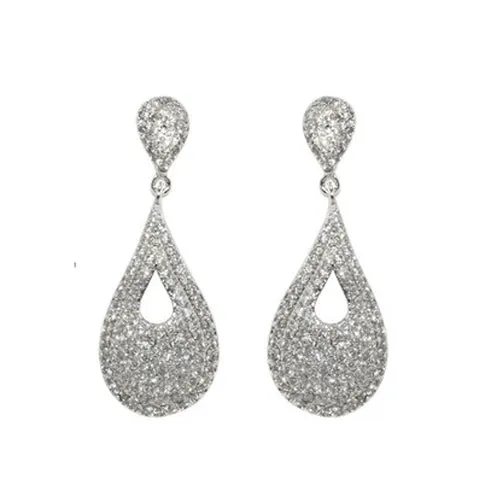 Classic Elegant Pave Style Slim Pear Shape Dangle Brass Earrings