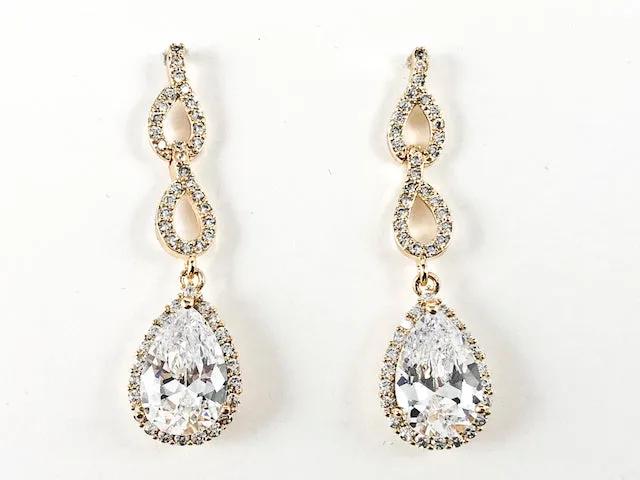 Classic Elegant Pear Shape Pattern Dangle Statement CZ Gold Tone Brass Earrings