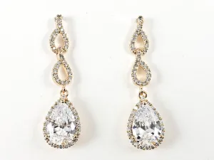 Classic Elegant Pear Shape Pattern Dangle Statement CZ Gold Tone Brass Earrings