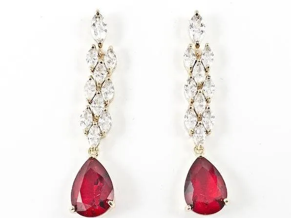 Classic Long Elegant CZ Drop Stye Design Ruby & Clear CZ Gold Tone Brass Earrings