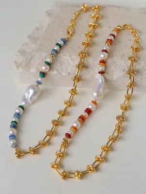 Colorful Beads & Baroque Pearls Twisted Chain Necklace